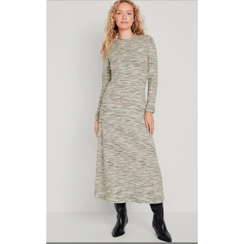 Old Navy Womens Fit & Flare Rib-Knit Long Sleeve Maxi Dress Rustic Grey Size S